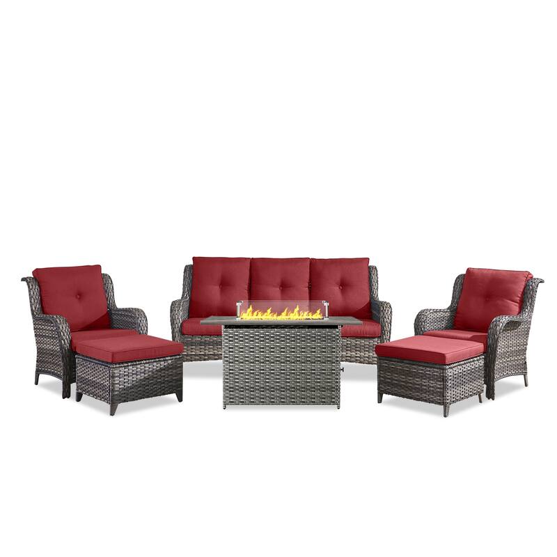 Fire Pit Table with Patio Sofa Chairs and Ottomans