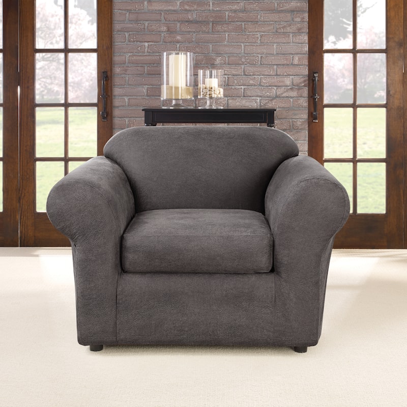 SureFit Ultimate Stretch Leather 2 Piece Chair Slipcover - Antiqued Slate