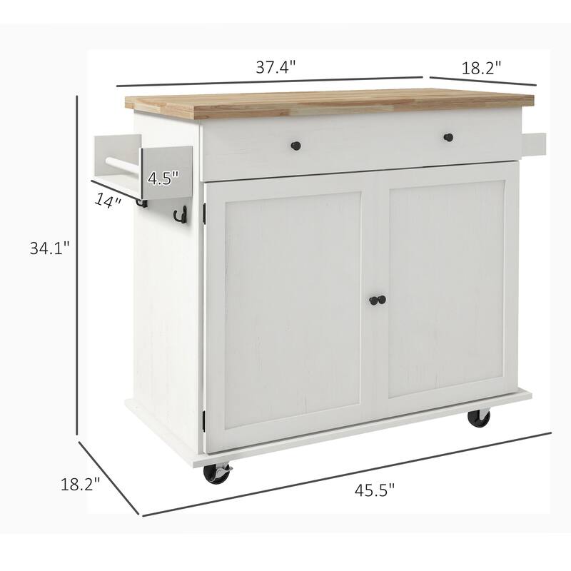 Kitchen Island with Storage, Farmhouse Rolling Kitchen Island cart on Wheels with Drawer, 2 Cabinets, Rubberwood Top