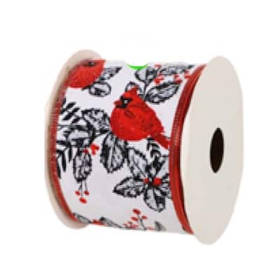 Cardinals with Leaves and Berries Wired Craft Christmas Ribbon 2.5" x 10 Yards