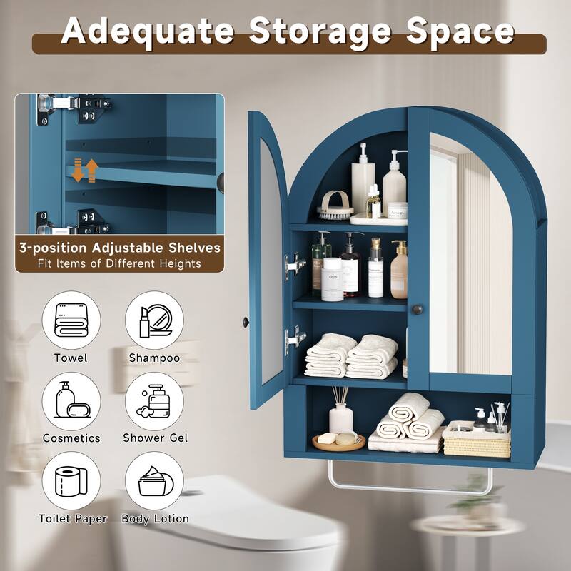 Wall Mounted Arched Cabinet with Mirrored Doors and Adjustable Shelves for Laundry Room, Bathroom, Kitchen