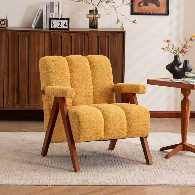 Mid Century Modern Accent Chair, Chenille Armchair with Solid Wood Legs, Channel Tufted Comfy Reading Chair for Living Room