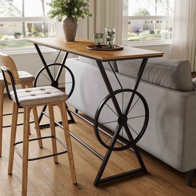 63" Counter Height Bar Table with Wheel-Design, High Pub Dining Table