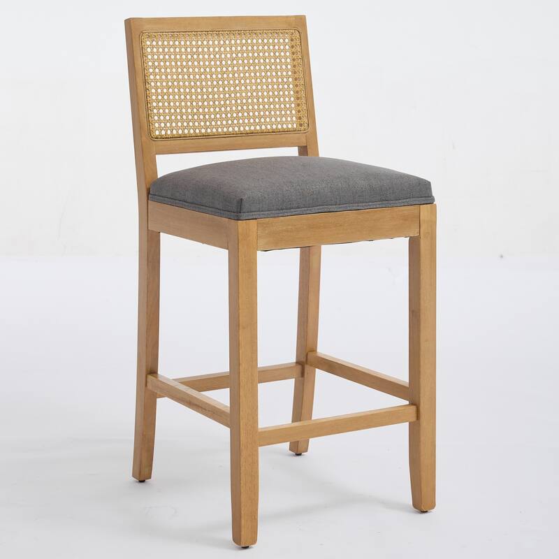 Full Solid Wood Rattan-Back Bar Stool, Matte Linen Cushion with High-Resilience Foam & S-Springs,Set of 2