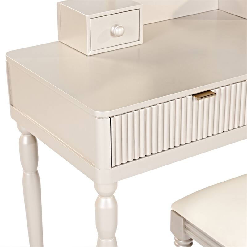Luxury Vanity Desk w/Round Mirror,Height-Adjustable,Dressing Table Set