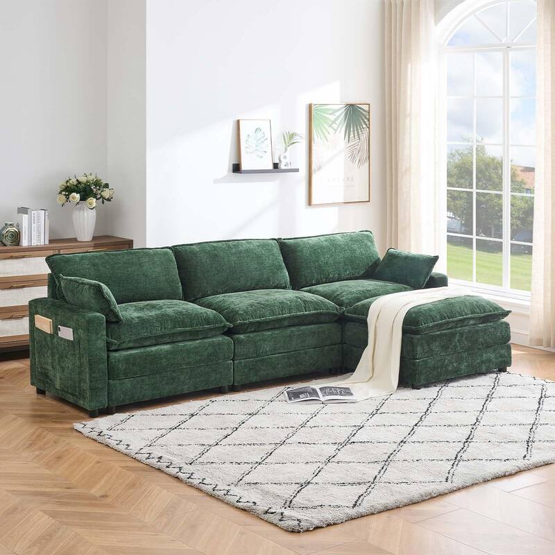 Chenille 113-Inch Modular Combo Sofa, Modern 3-Seater L-Shaped Sofa with Ottoman, 2 Cushions, Side Pockets