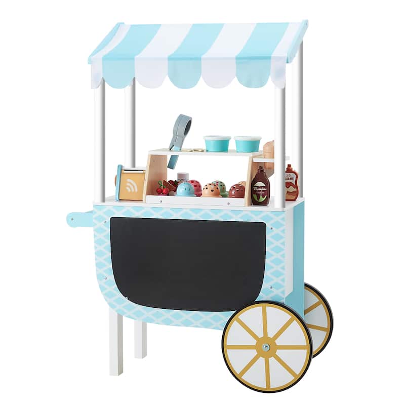 Teamson Kids Wooden Ice Cream Cart Pretend Play Food Set with33 pcs Accessory Set for Toddlers