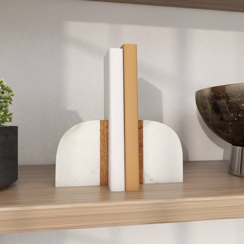 Marble 5 lbs Decorative Bookends with Wood Details - Set of 2 White - Roche River Decor