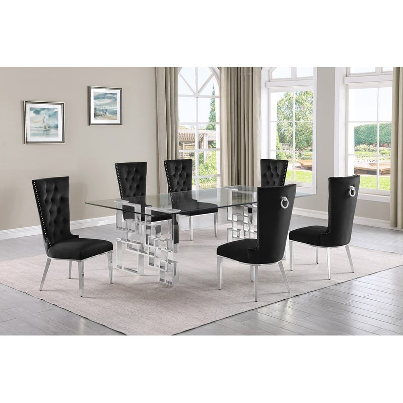 Best Quality Furniture D223/4-SC330-7 Dining Set with 95" 15mm Glass - 7-Piece - Black / Silver