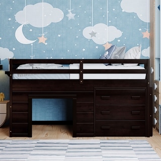 Wood Loft Bed with Ladder, Drawers and Safe Guardrail, Maximized Storage Space, Twin Size