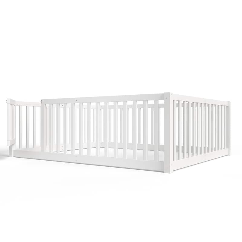 Montessori Floor Bed with Safety Guardrails & Door, Kids Low Profile Frame, Available in Queen/Full/Twin