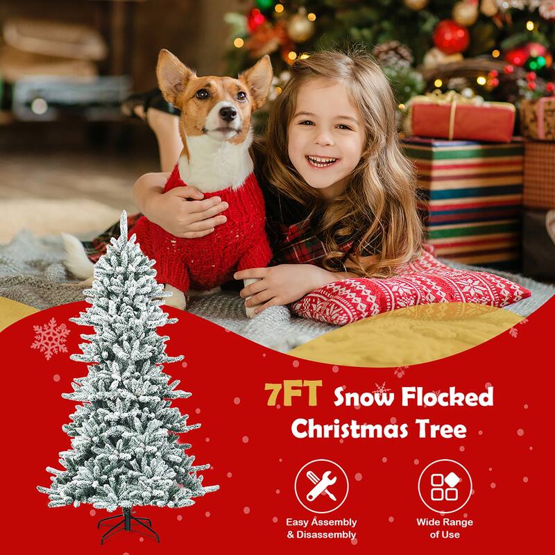 7FT Artificial Snow Flocked Christmas Tree Premium Hinged Fir Tree