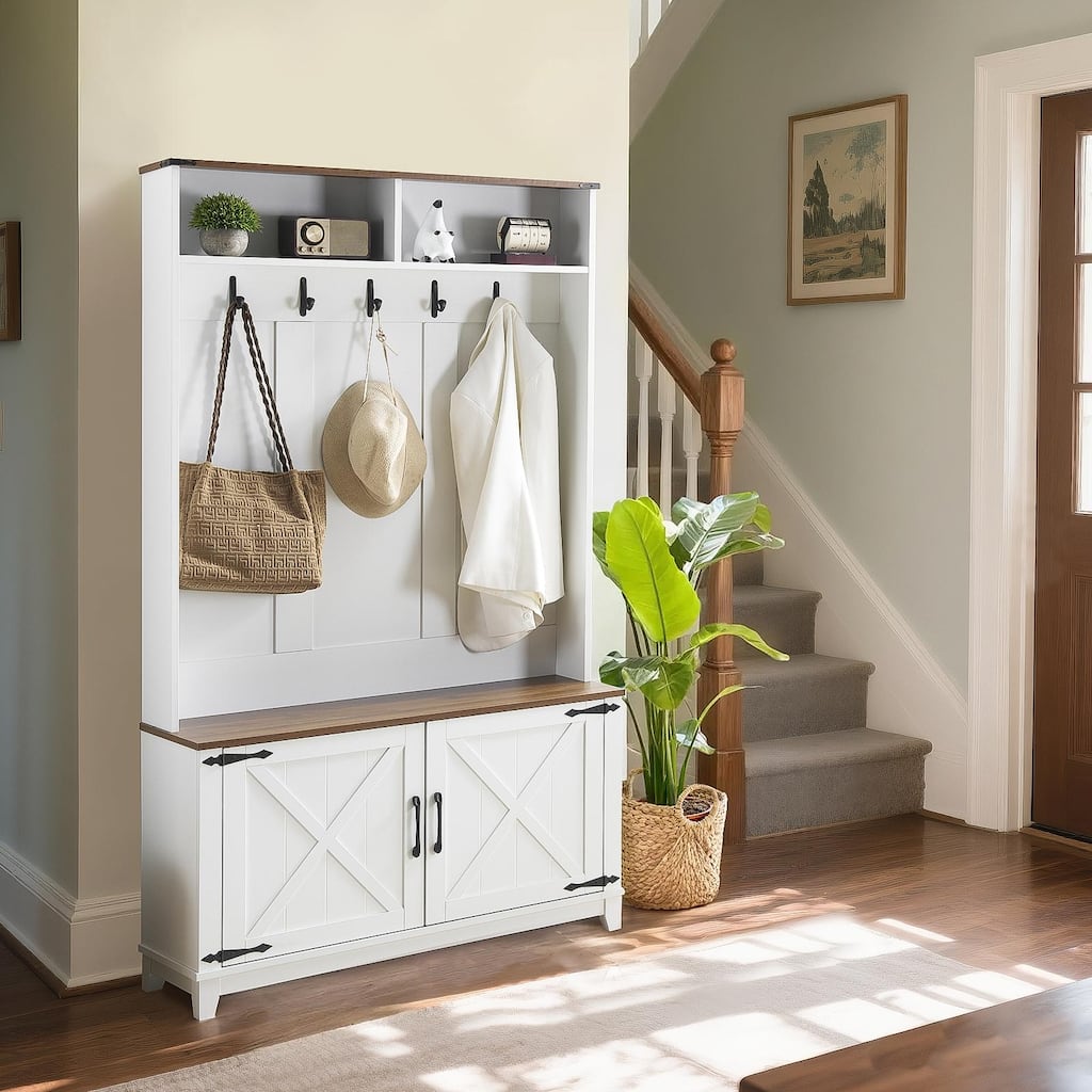 EROMMY White Hall Tree with Bench and Shoe Storage, Entryway Coat Rack with Hooks, Cabinets & Sturdy Base