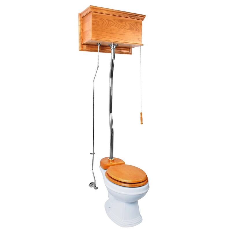 Light Oak High Tank Toilet Flat Tank, Chrome Plated Z Pipe and Round White Bowl