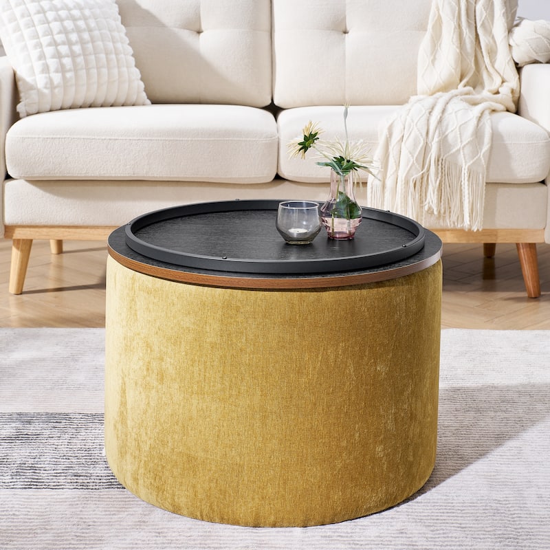 2-Piece Set Round Chenille Storage Ottoman, Equipped with a Drum Shaped Small Stool,Storage Space