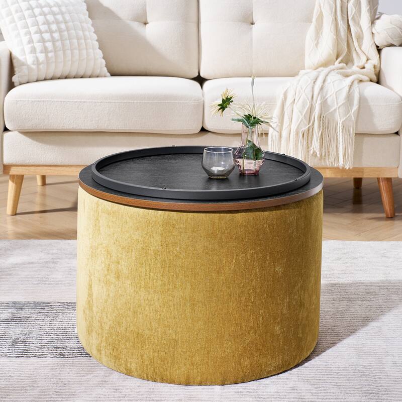 Roomfitters 2-Piece Round Chenille Storage Ottoman Set with Drum-Shaped Stool and MDF Top, Hidden Compartment