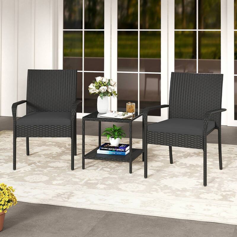 Gymax 3 Piece Patio Furniture Set Outdoor Wicker Chair & Table Set w/