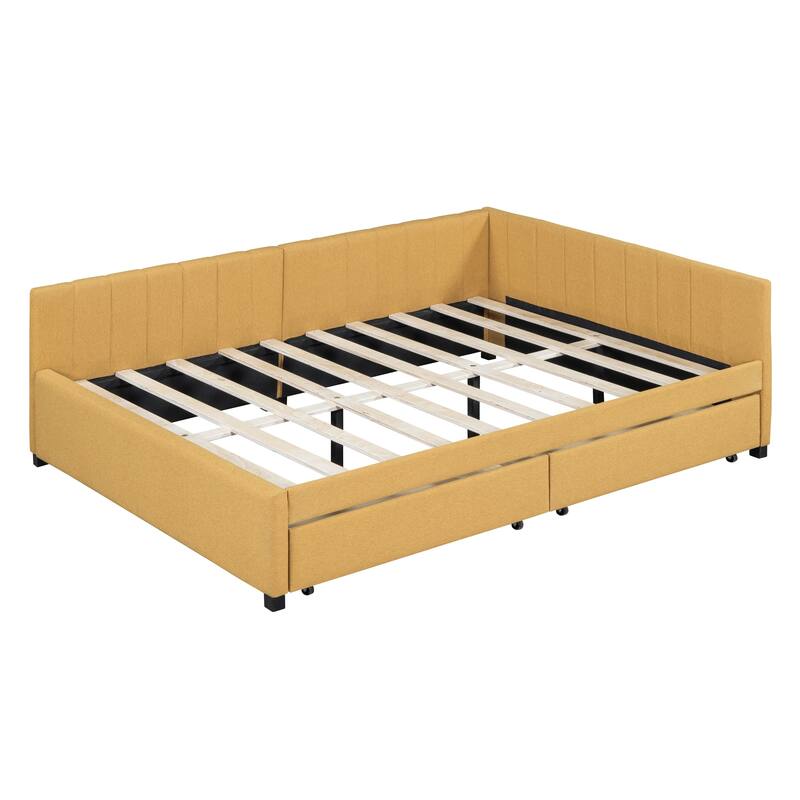 Full Size Upholstered Daybed with 2 Storage Drawers, Linen Fabric Sofa Bed Frame, No Box Spring Needed