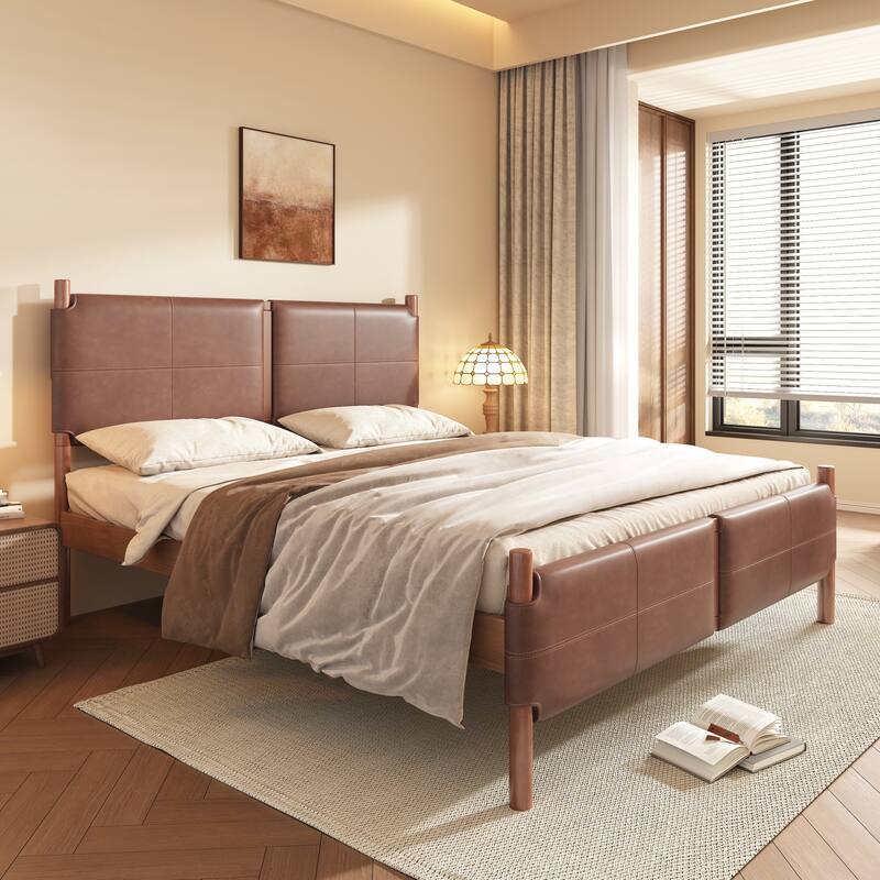 Queen Bed with Brown leather Upholstered Headboard, Wood Frame