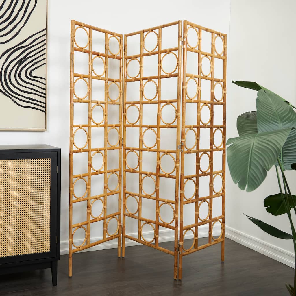 Brown Rattan Handmade Woven Geometric 3 Panel Geometric Partition Room Divider Screen with Open Frame Design