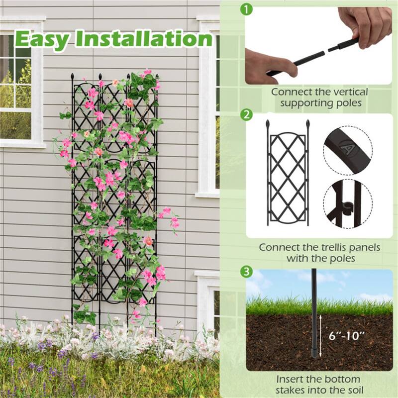 Black Metal Garden Trellis 3 Panels Adjustable 32"-64" Height Climbing Plant Support Frame - 19" x 64"