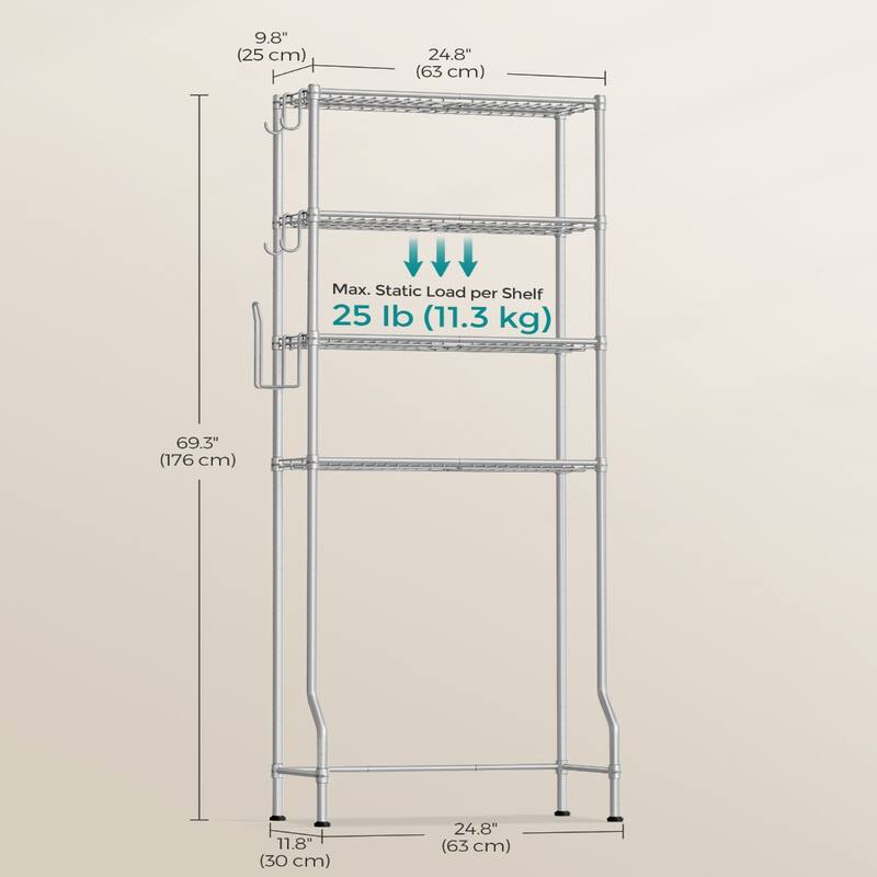 4-Tier Freestanding Metal Over-the-Toilet Storage Rack with 4 Adjustable Shelves and 4 Convenient Hoooks