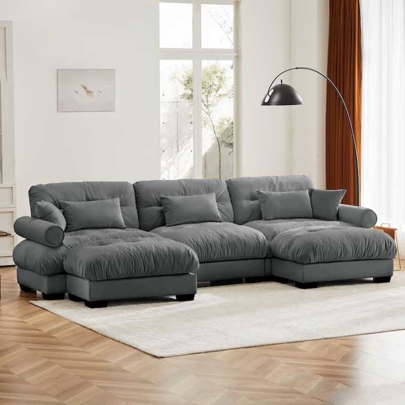 GDFStudio - Thalassia Velvet 3-Seater Sofa and Dual Movable Ottomans With Pillows