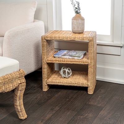 Spiroa 22" Coastal Bohemian Rattan/Wood 3 Tier End Table, Natural, by JONATHAN Y - 22.04"