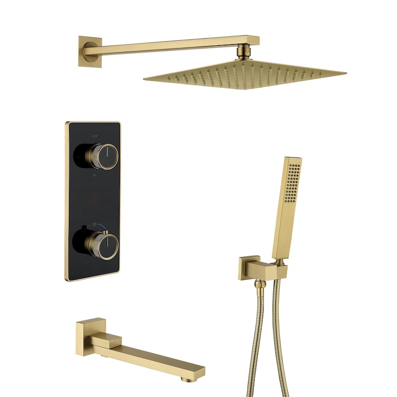 3-Way Thermostatic Complete Rainfall Shower System with Rough in-Valve Rain Shower Heads,Black/Gold