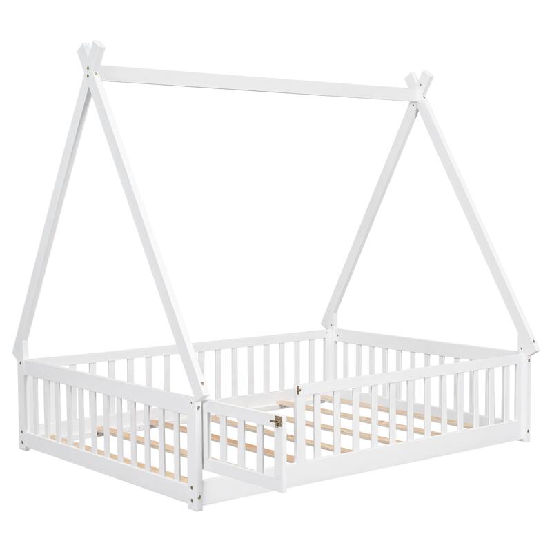Full Pine Tent Floor Bed with Guardrails, Easy Assembly