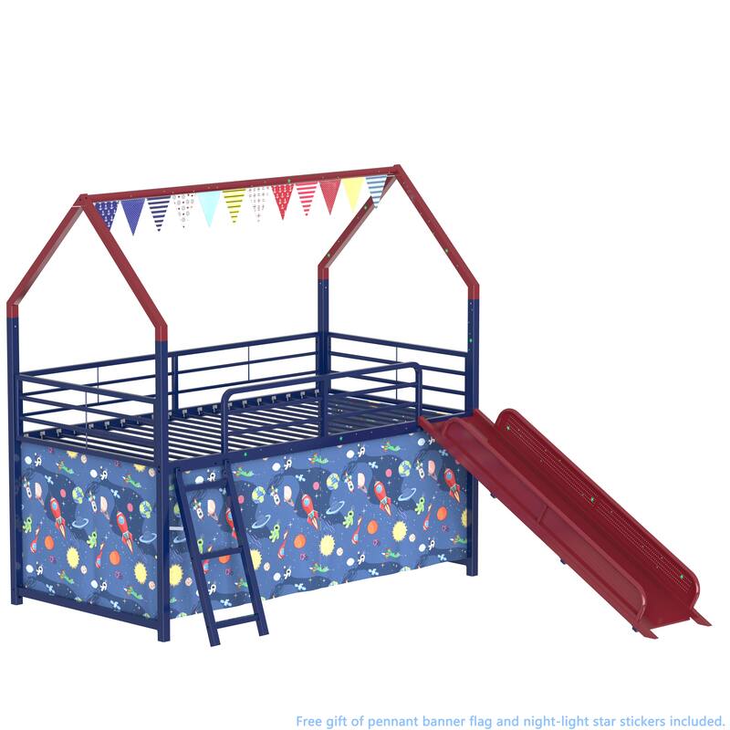 Metal Junior House Twin Loft Bed with Slide and Curtain Set and Pennant Banner Flag and Star Stickers