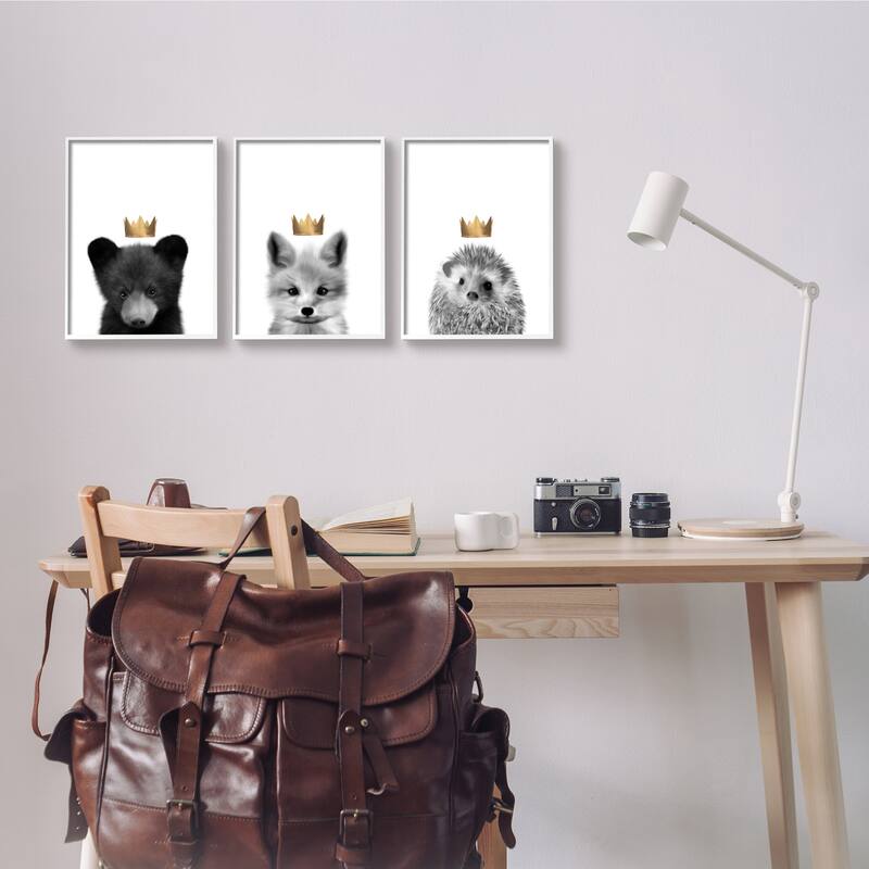 Stupell Woodland Animals Bold Crowns Black Bear Fox Hedgehog 3pc Multi Piece Framed Wall Art Set