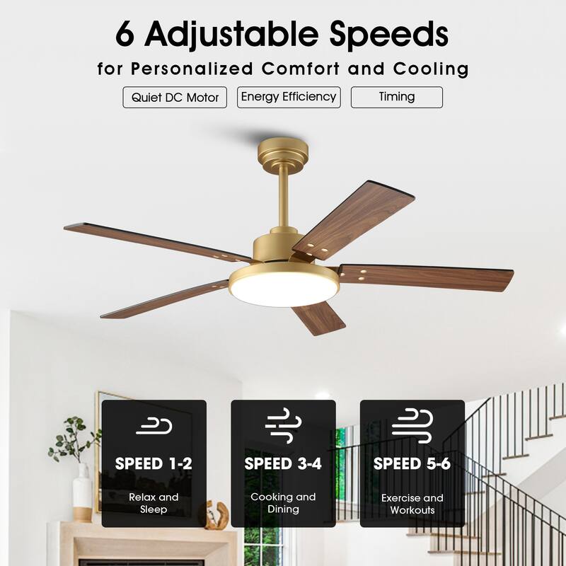 Modern 52" Gold Wooden 5-Blade Indoor Ceiling Fan with LED Light and Remote
