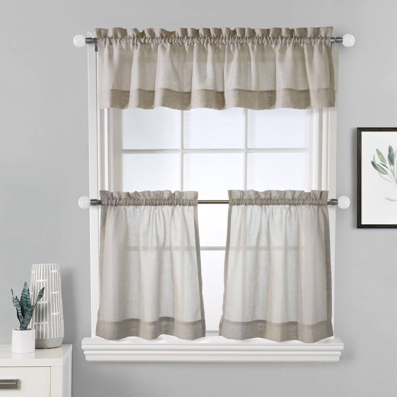 Wickham Sheer Rod Pocket 3 pc Curtain Tiers and Valance Set - 52" x 24" - 52" x 24" - Sand