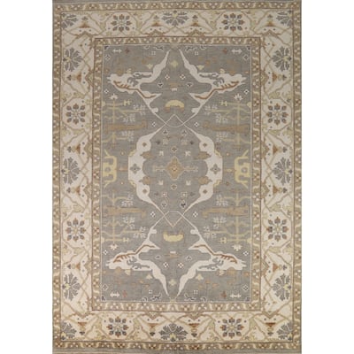 Gray & Ivory Oushak Indian Area Rug Handmade Transitional Wool Carpet - 9'1"x 11'10"