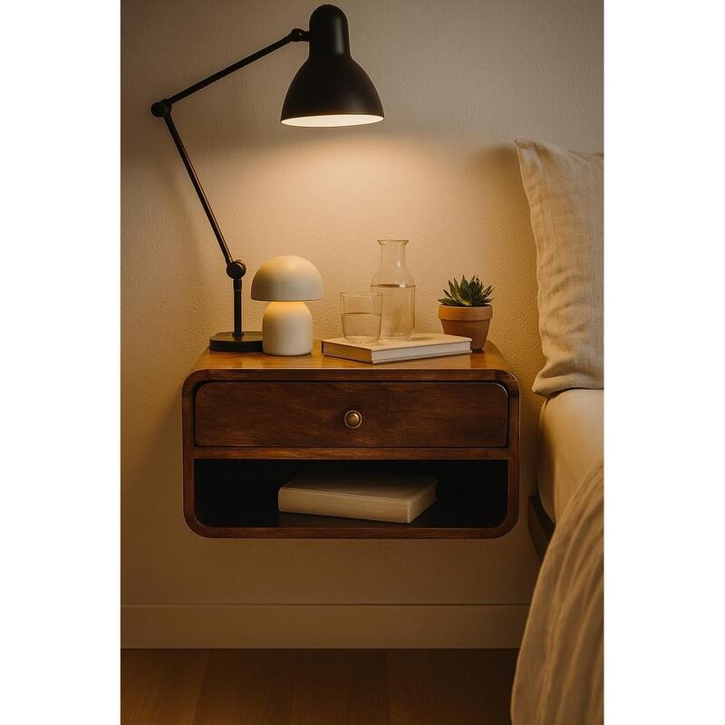 Solid Wood Curved Wall-Mounted Bedside Table with Drawer and Open Shelf in California Walnut - Brown