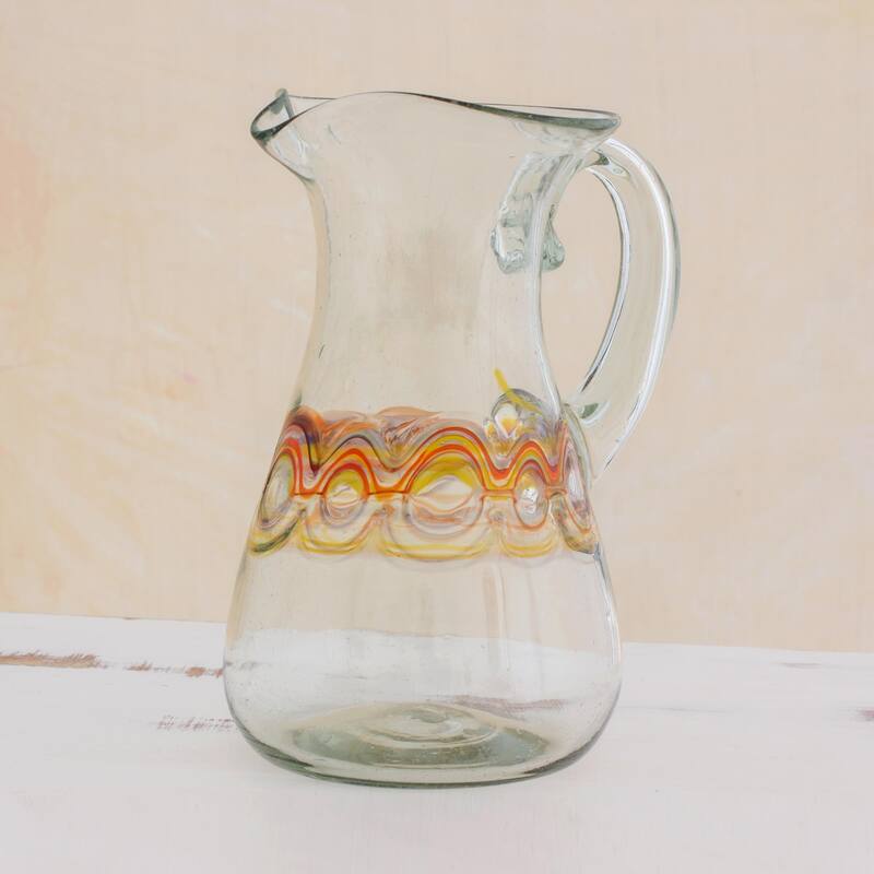 NOVICA Handmade Orange Reef Blown Glass Pitcher (Guatemala) - 7.75" H x 6" W x 4.9" D