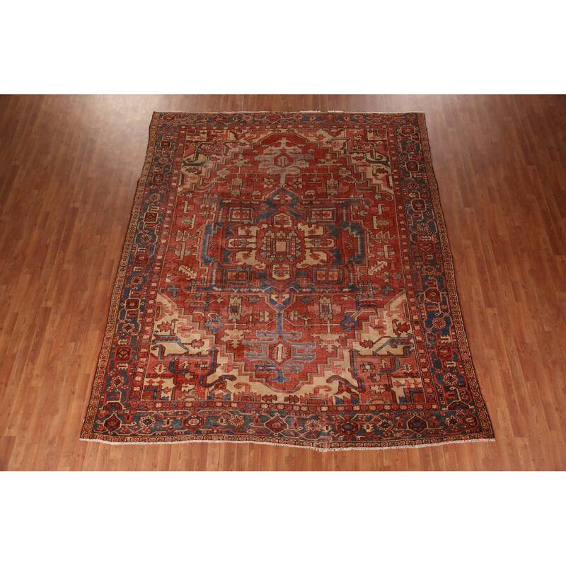 Pre-1900 Antique Vegetable Dye Heriz Serapi Persian Wool Carpet - 9'2" x 10'10"