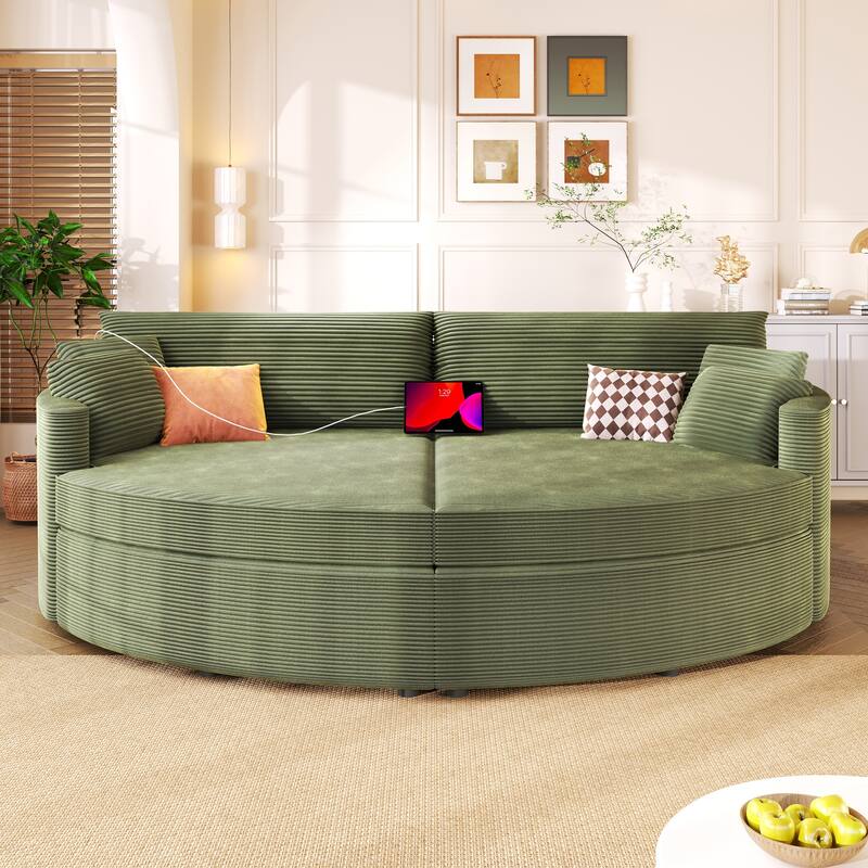 102.3" Oversized Double Chaise Lounge Sofa, Corduroy Upholstered Sleeper Sofa Bed 2 Seat Sofa Loveseat with USB Ports