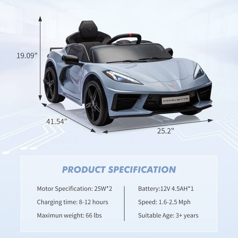 12V Kids Ride on Car, Licensed Corvette Battery Powered Car, Toddler Electric Sports Car Toy