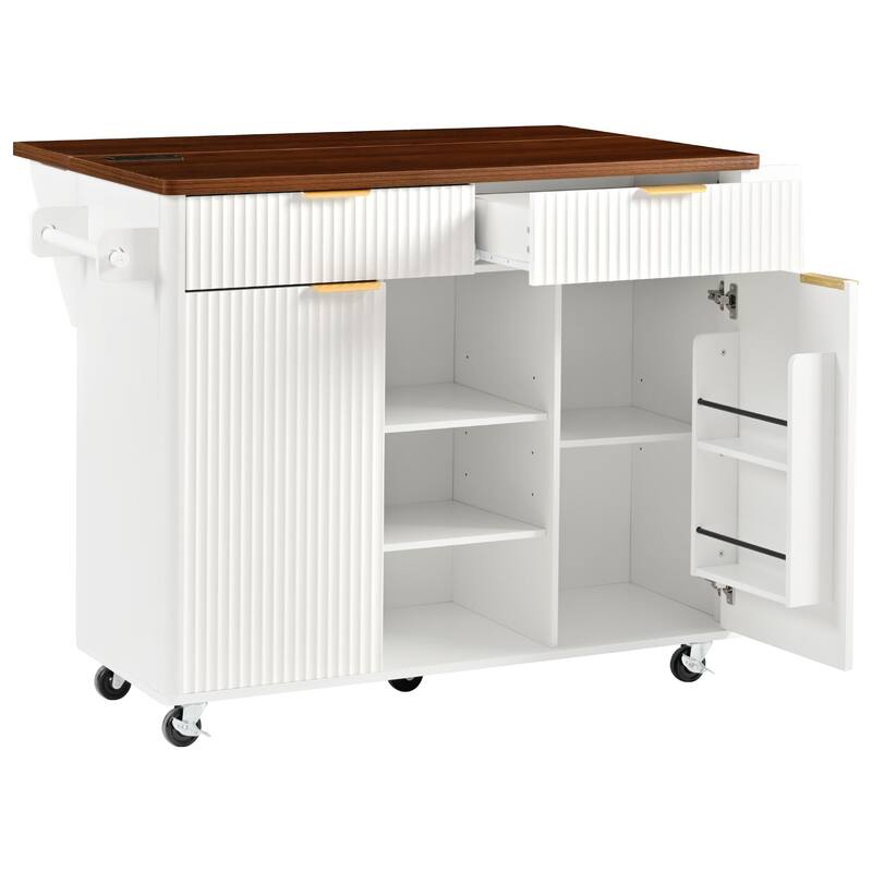 52" Fluted Kitchen Island with Drop Leaf, Power Outlet, Kitchen Storage Cart with Adjustable Shelves, 2 Doors and 2 Drawers - White