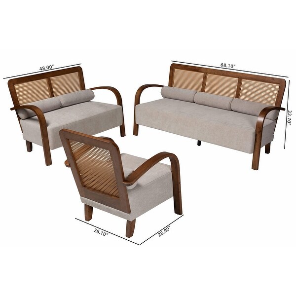 Sage Modern Japandi Light Grey Fabric and Walnut Brown Finished Wood Sofa with Woven Rattan On Sale Bed Bath Beyond 39921388