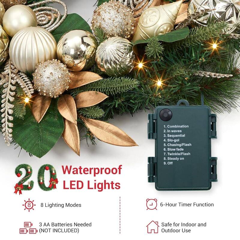 6 Ft Lighted Christmas Garland with Gold Leaves & Ball Ornaments - N/A