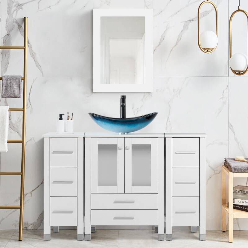 48" Bathroom Vanity with Sink Set Side Cabinet Combo - White - W-Glass blue boat sink