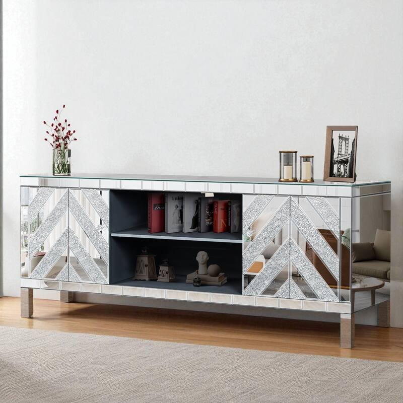 Mirrored TV Stand for 65+ Inch TVs, Silver Console Table with M-Shape Sparkling Mirror Doors & Storage Cabinets