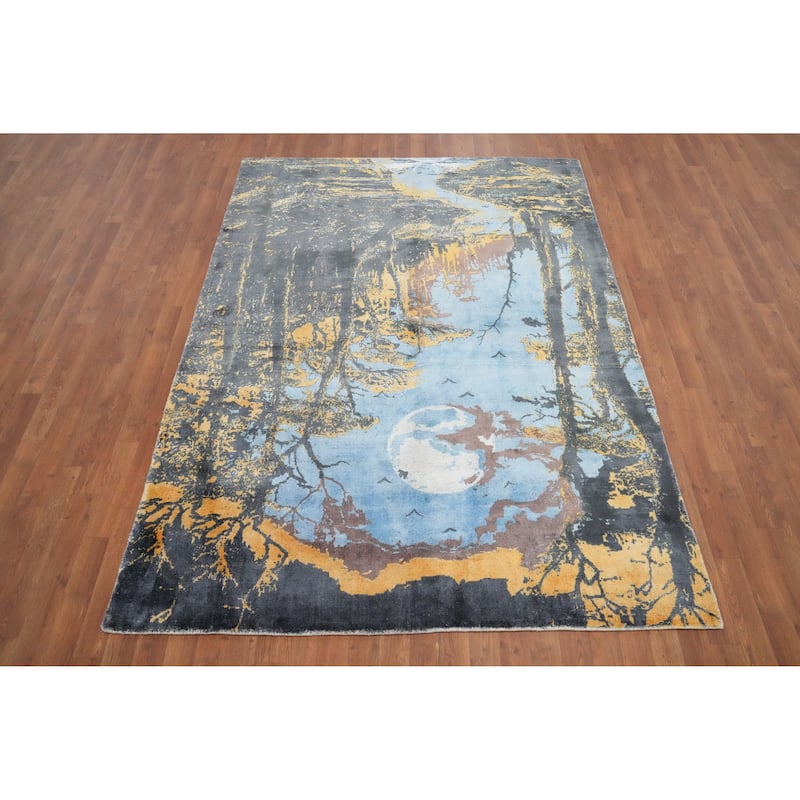 Hand Knotted Oriental Viscose Silk Carpet Modern Pictorial Navy Blue & Blues Abstract Area Rug - 7' 8'' X 5' 8''