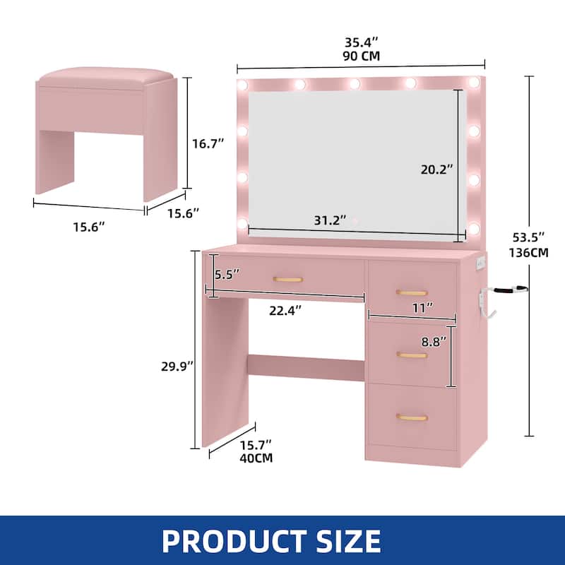 35.4" Mirror Makeup Vanity Table with Stool and Light Bulb - 35.4''L x 15.7''W x 53.5''H