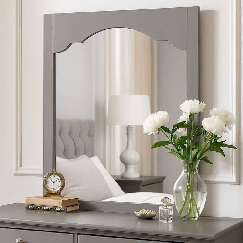 Wooden Encasing Mirror with Arched Design Top, Gray