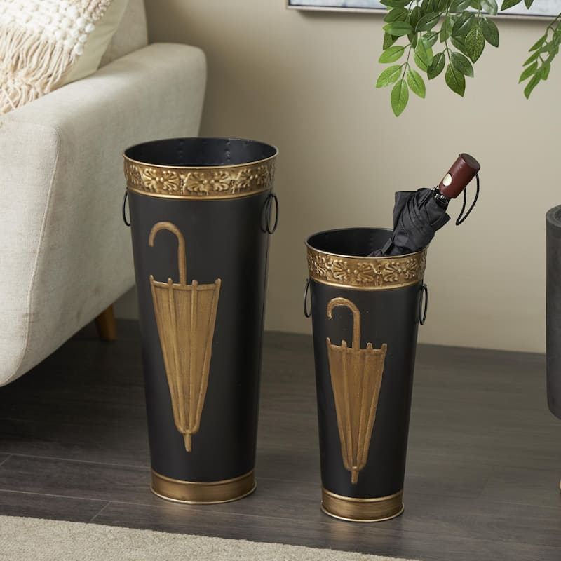 Metal Umbrella Stand with Umbrella Image and Handles - Set of 2 Brown or Black - Roche River Decor