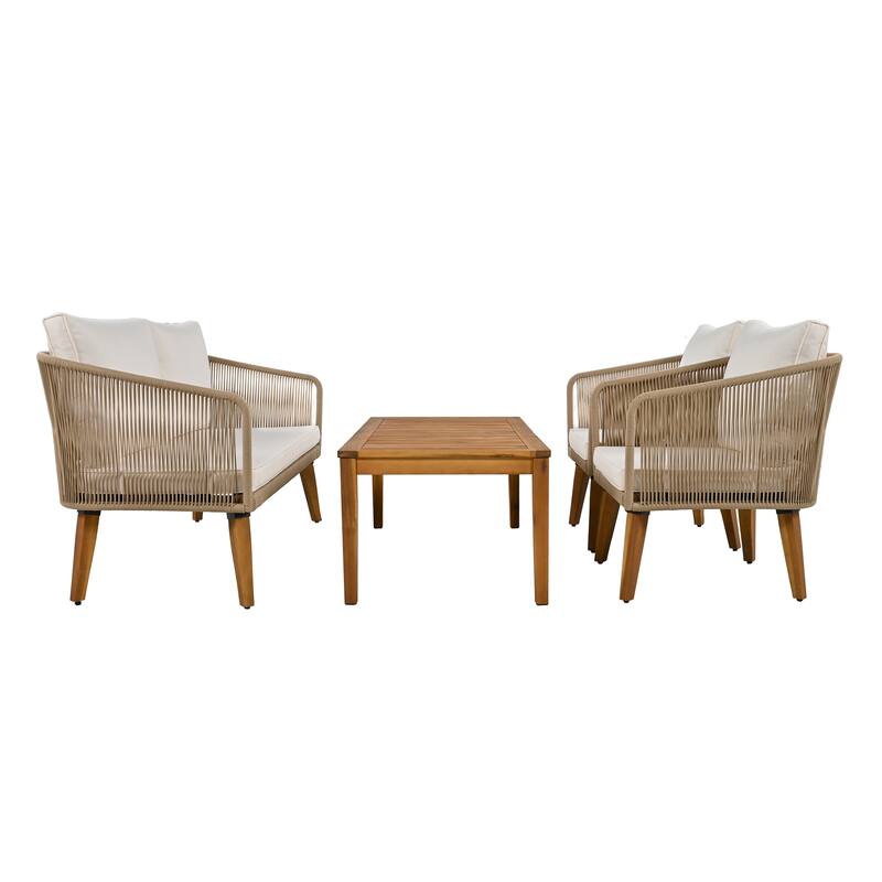 4-Piece Outdoor Patio Solid Wood Conversation Sofa Set with Coffee Table